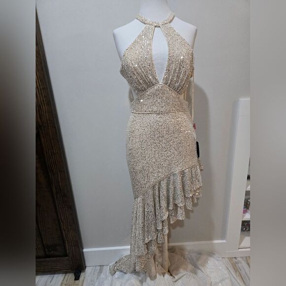 Mac Duggal 11274 Sequined Halter Cut Out Ruffle Asymmetrical Dress NWT sz 6 Nude - Picture 4 of 6